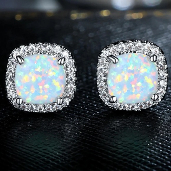 Simulated Fire Pink, Blue Opal, White Gold Plated, Cubic Zirconia Stud Earrings - Picture 2 of 12